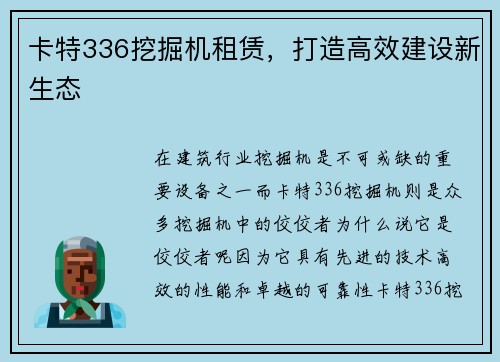 卡特336挖掘机租赁，打造高效建设新生态